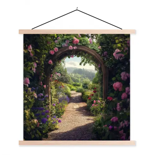 Doorkijk - Landschap - Bloemen - Rozenboog - Natuur textielposter latten blank klein -3d