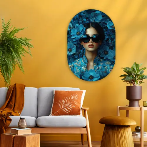 Vrouw - Bloemen - Blauw - Aesthetic - Luxe Wandcirkel Ovaal Glas middel -sfeer4