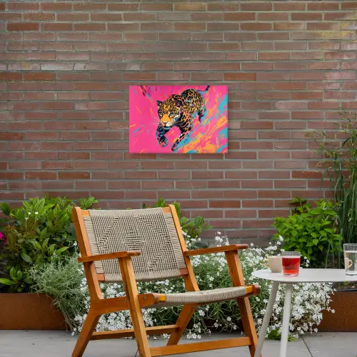 Luipaard - Roze - Oranje - Blauw - Verf Tuinposter op houten frame 2 cm dik klein -sfeer3