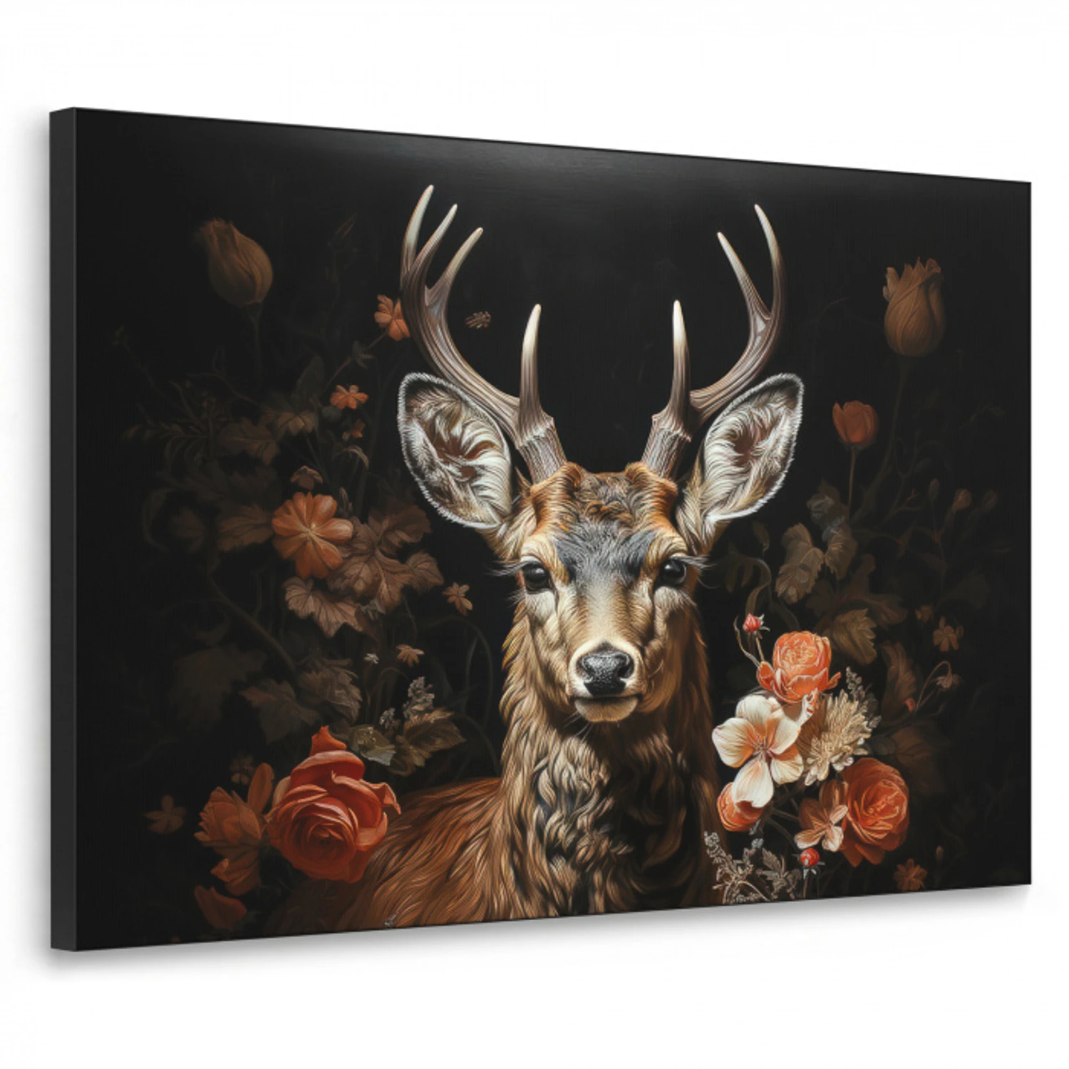Hert - Dier - Bloemen - Natuur - Botanisch Textielframe zwart klein -3d