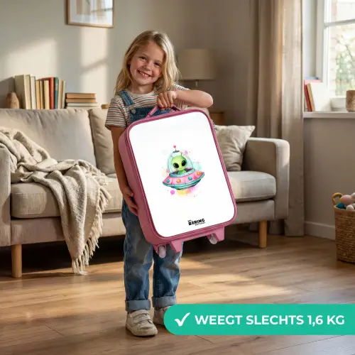 Groene alien in kleurrijke UFO Kinderkoffer - Roze klein -sfeer2_NL