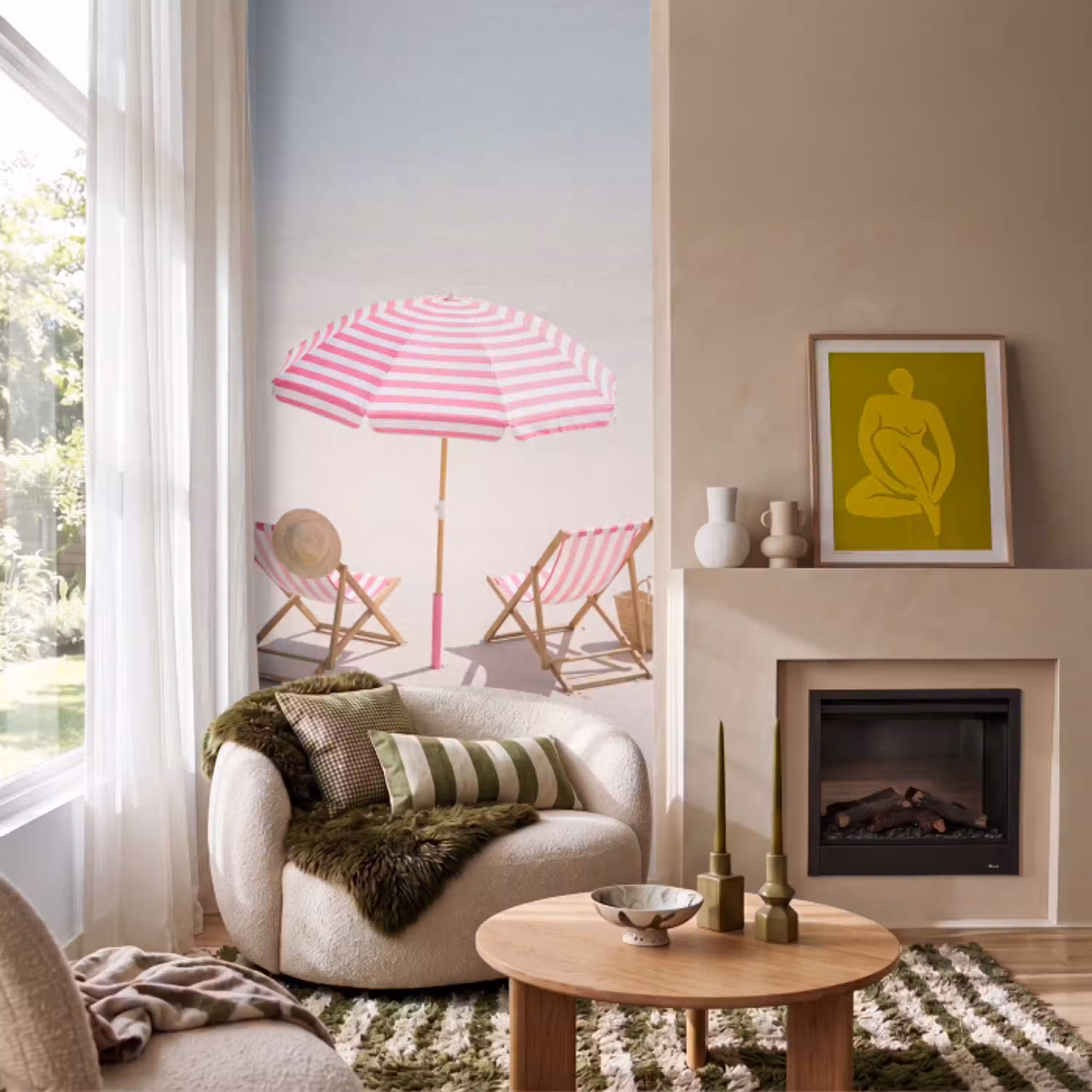 Strand - Parasol - Ligstoel - Zomer - Roze Behang Vlies klein -sfeer2