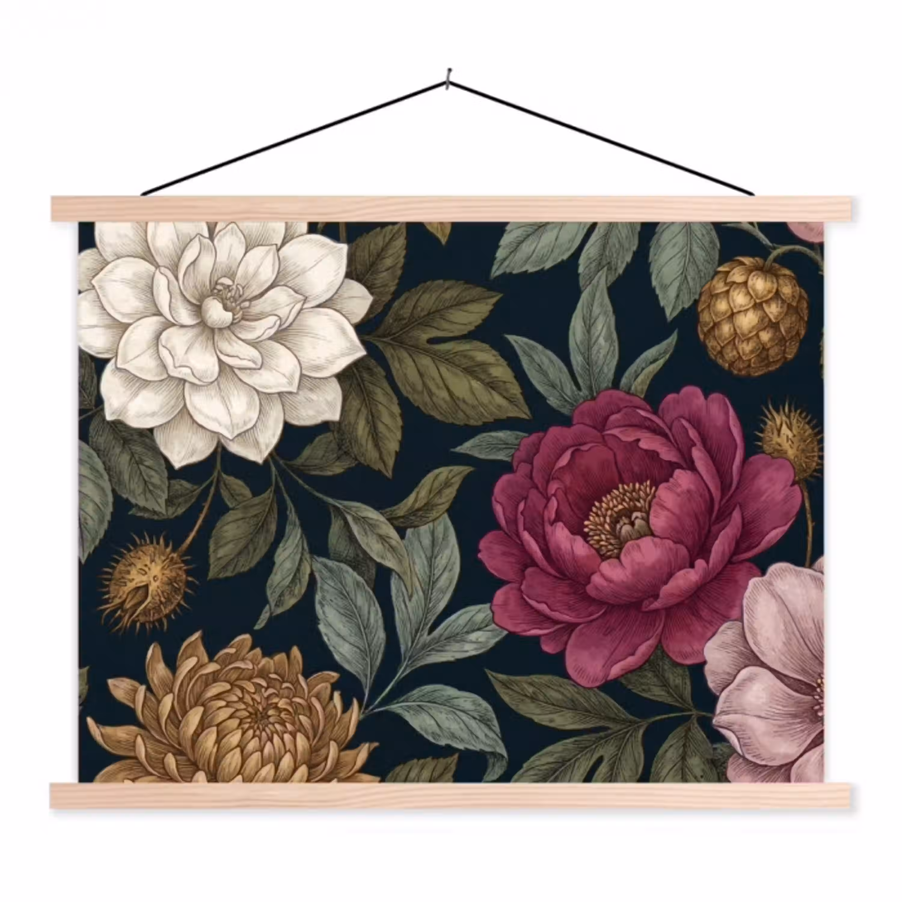 Bloemen - Botanisch - Illustratie - Donker - Vintage textielposter latten blank klein -3d