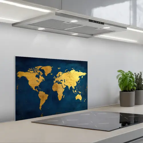 Wereldkaart - Goud - Donkerblauw keuken achterwand spatscherm klein -3d_schuin
