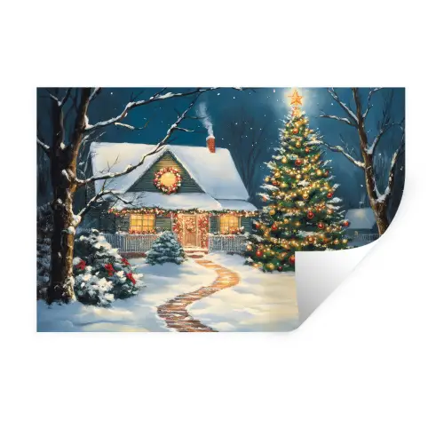 Kerst - Kerstboom - Winter - Huis - Sneeuw Muursticker klein -3d