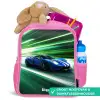 Blauwe raceauto met strepen in groene tunnel Kinderrugzak - Roze middel -inhoud_NL