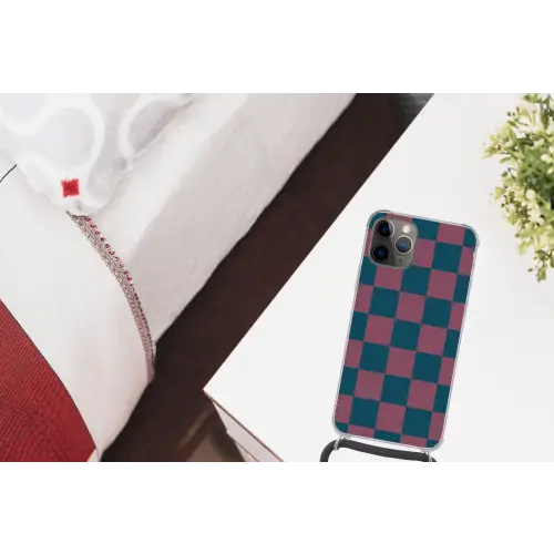 Schaakbord print - Blauw - Rood - Blokjes Hoesje iPhone 12 Pro met koord klein -kamer