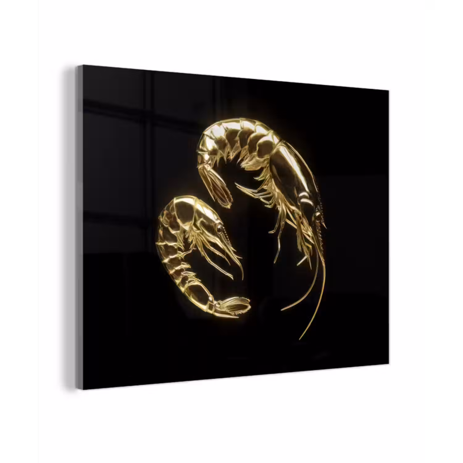 Glas schilderij - Garnalen - Zwart - Goud - Dieren