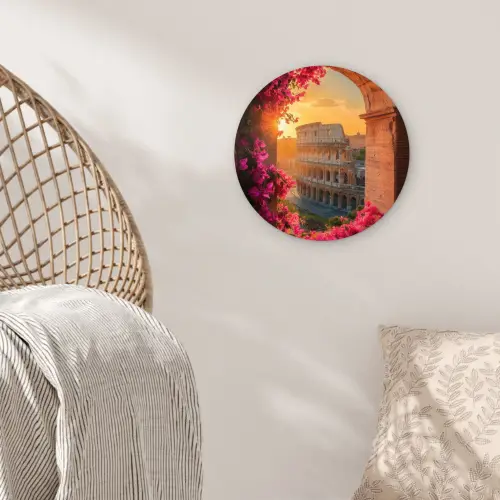 Colosseum - Rome - Roze Bloemen Wandcirkel kunststof plaat 5mm dik klein -sfeer5