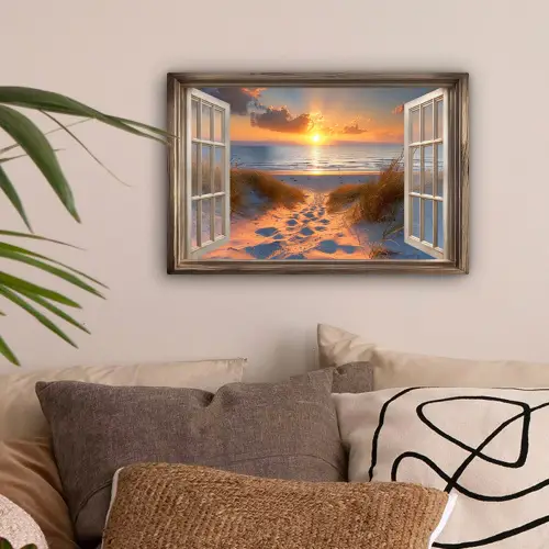Doorkijk - Strand - Duinen - Zonsondergang canvas 2cm klein -sfeer1