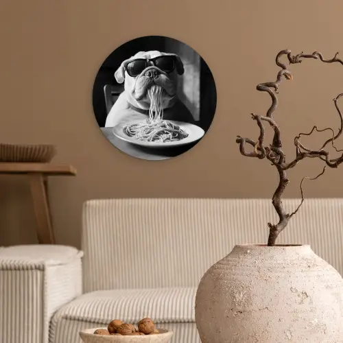 Hond - Bulldog - Pasta - Bril - Stoer - Dieren Wandcirkel kunststof plaat 5mm dik klein -sfeer1