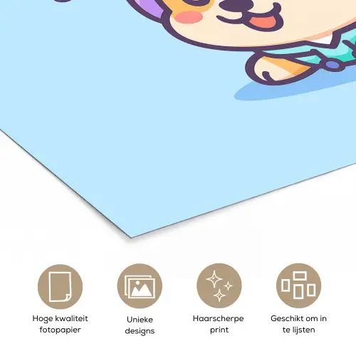 Corgi - Koptelefoon - Blauw - Muzieknoten poster papier klein -closeup_NL