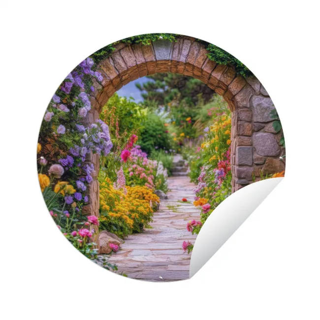 Doorkijk - Bloemen - Pad - Natuur Wandcirkel tuinposter met ringen klein -3d