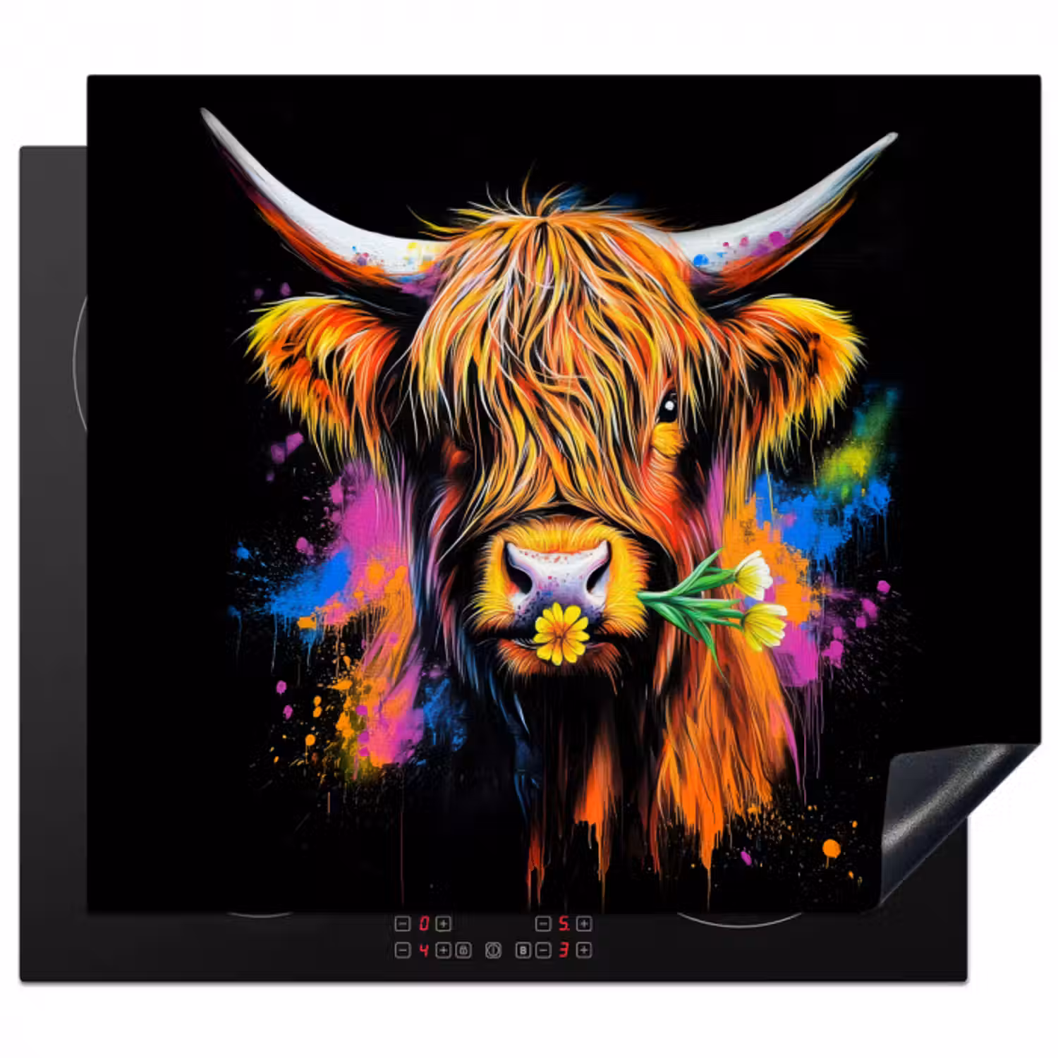 Herdabdeckplatte - Schottischer Highlander - Graffiti - Bunt - Blume - Tiere