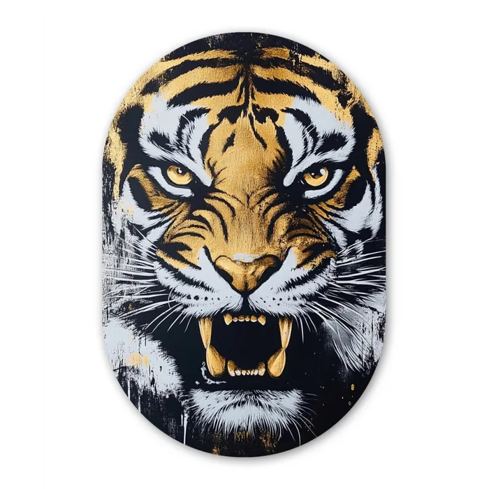 Tijger - Verfspatten - Goud Wandcirkel Ovaal Glas middel -3d