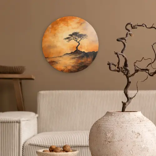 Boom - Landschap - Oranje Wandcirkel kunststof plaat 5mm dik klein -sfeer1