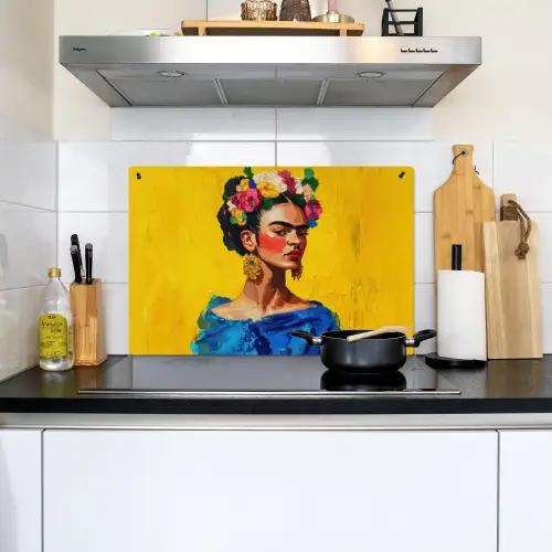 Frida Kahlo - Vrouw - Geel - Blauw - Bloemen Inductie beschemer met haakjes klein -sfeer2