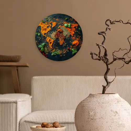 Wereldkaart - Kruiden - Levendige kleuren Wandcirkel plexiglas klein -sfeer1