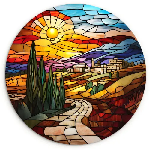 Mozaïek - Zon - Landschap - Dorp Wandcirkel plexiglas klein -3d