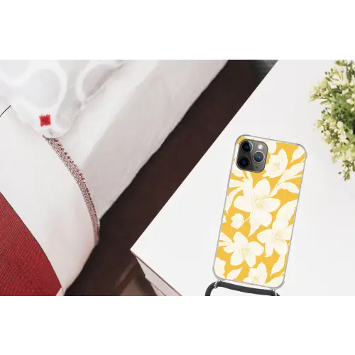 Bloemen - Patroon - Geel - Wit Hoesje iPhone 12 Pro met koord klein -kamer