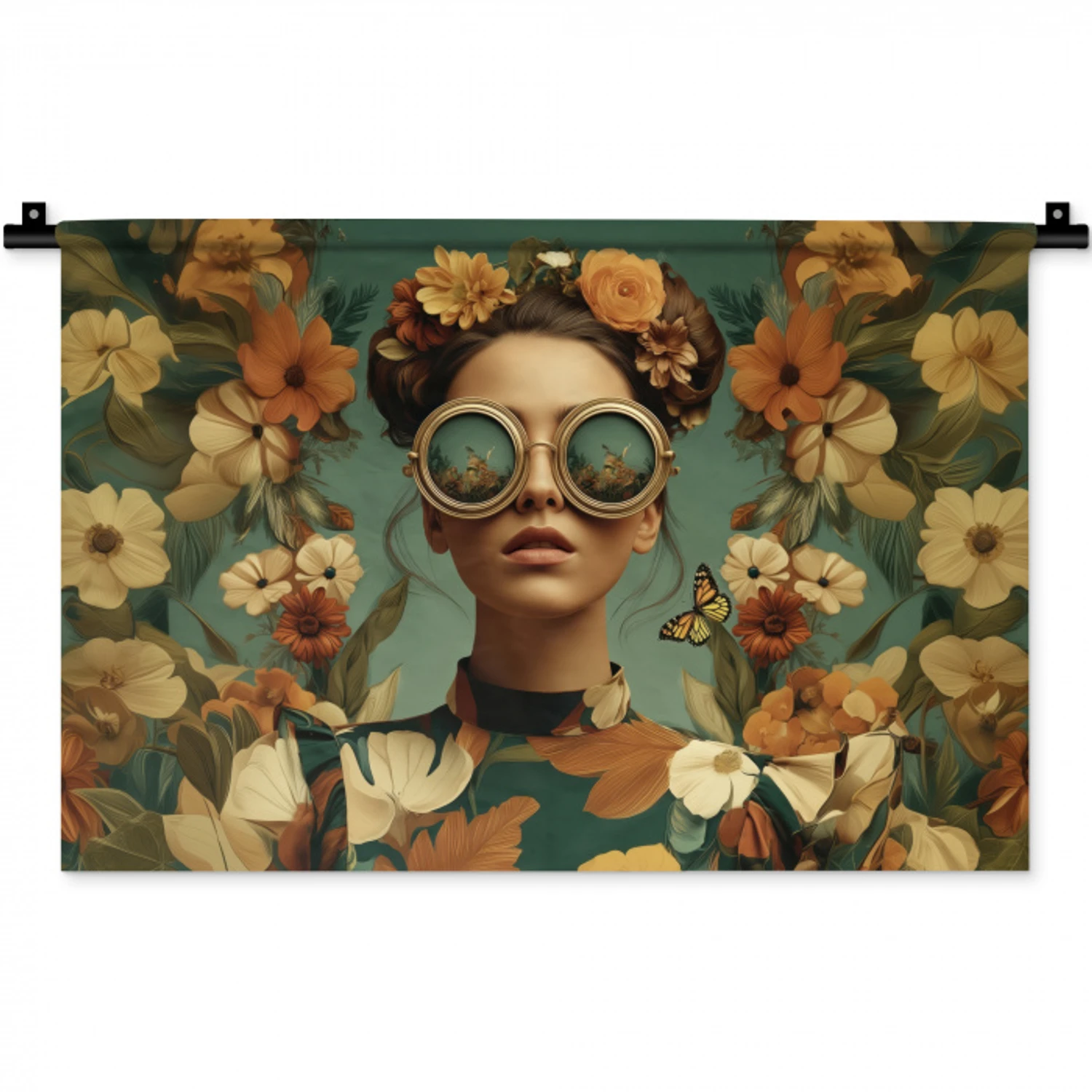 Bloemenkrans - Vrouwengezicht - Zonnebril - Oranje Wandkleed katoen klein -zz3d