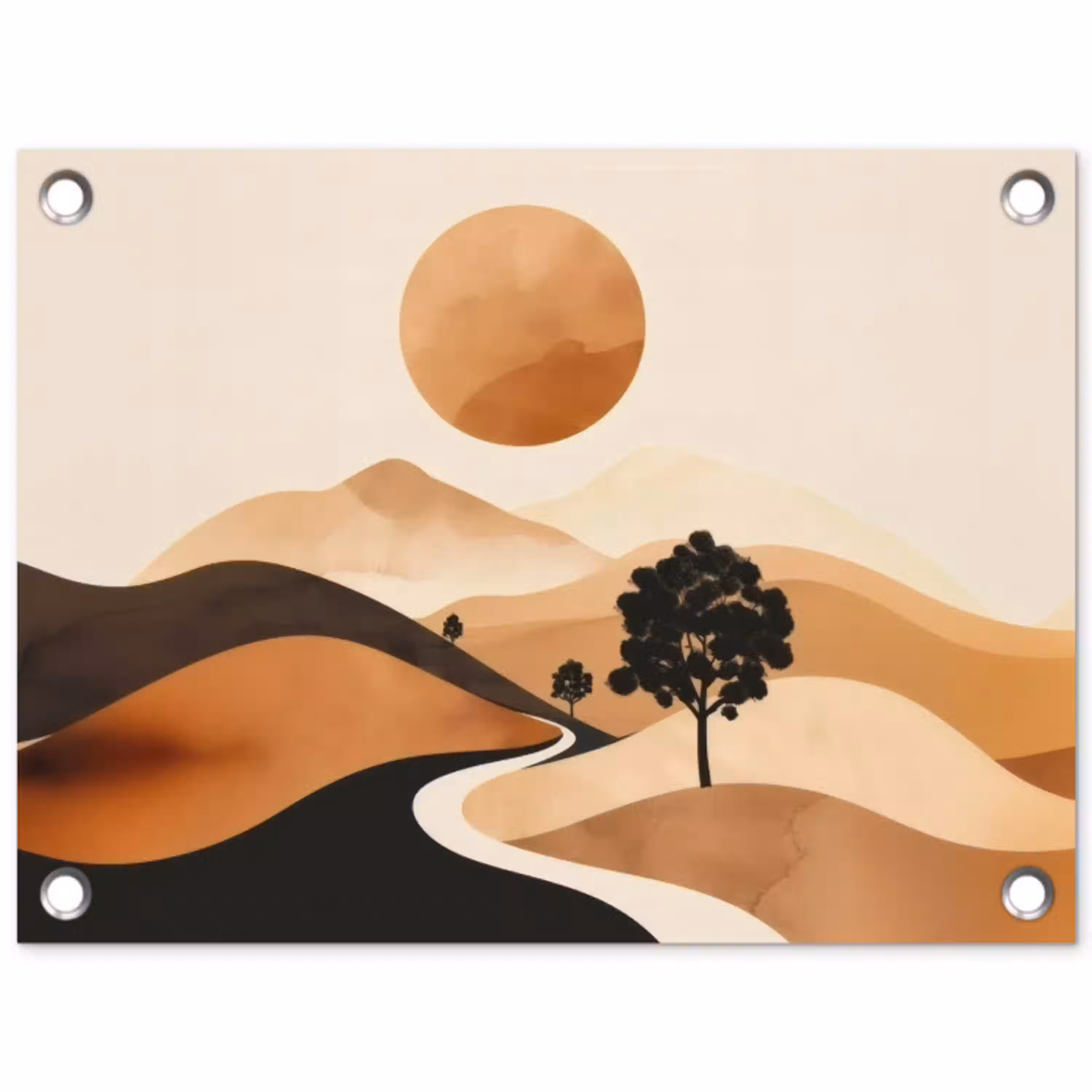 Zon - Heuvels - Boom - Abstract tuinposter los doek klein -3d