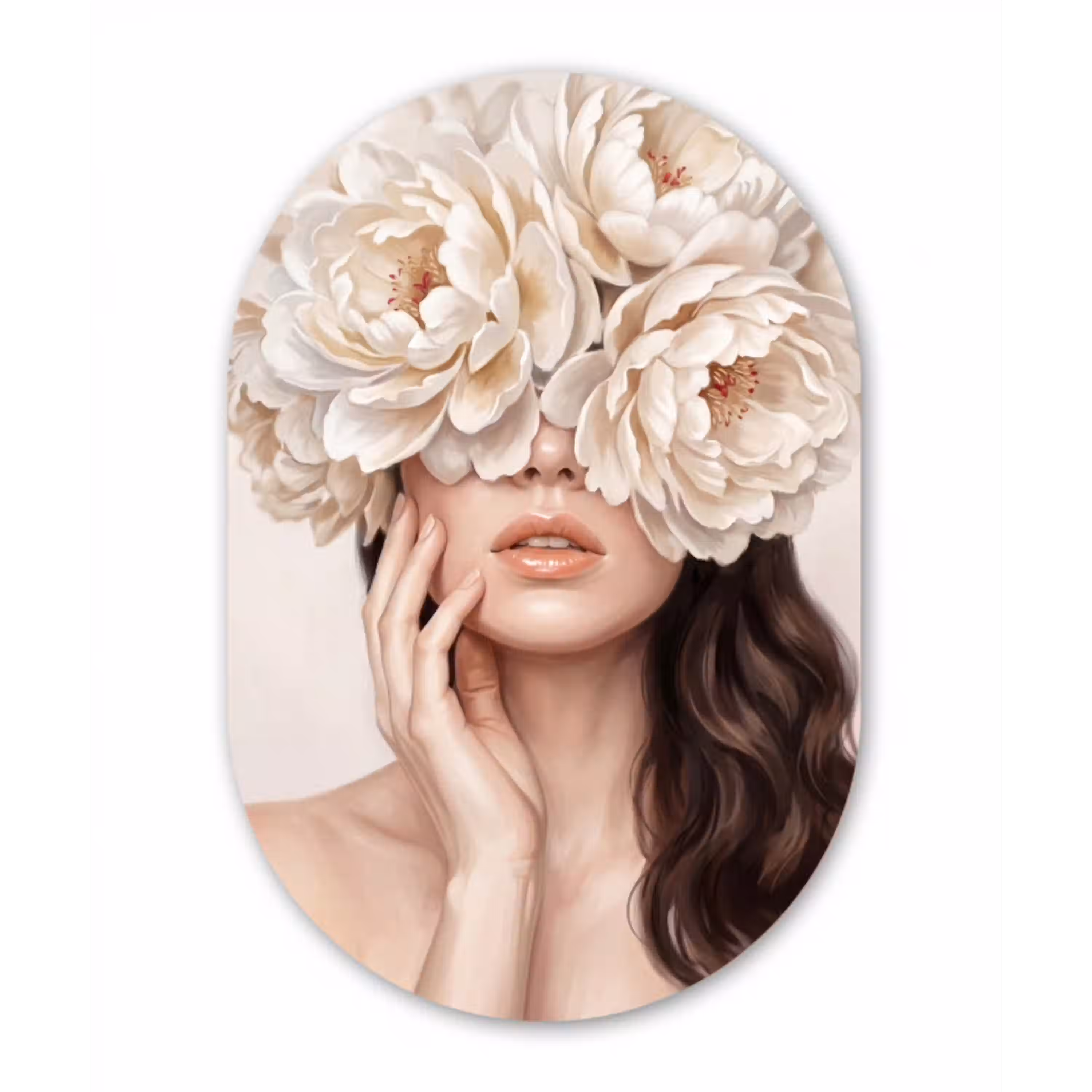 Gezicht - Pioenrozen - Crème Wandcirkel Ovaal Aluminium middel -3d