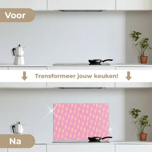 Geel - Bliksem - Roze keuken achterwand spatscherm klein 900 -voor_na_NL