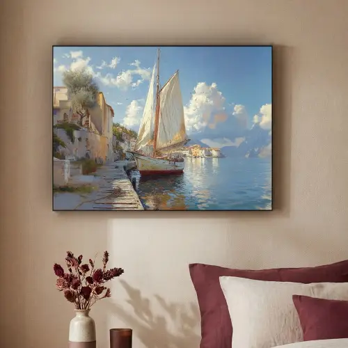 Zeilschip - Huizen - Kade - Zee Textielframe zwart klein -sfeer1