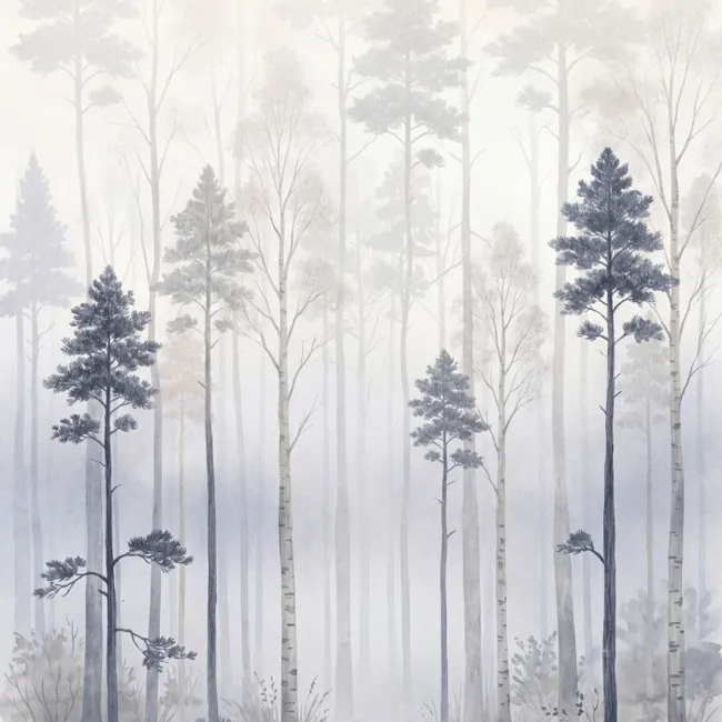 Behang - Bos - Bomen - Mist - Natuur - Illustratie - Grijs