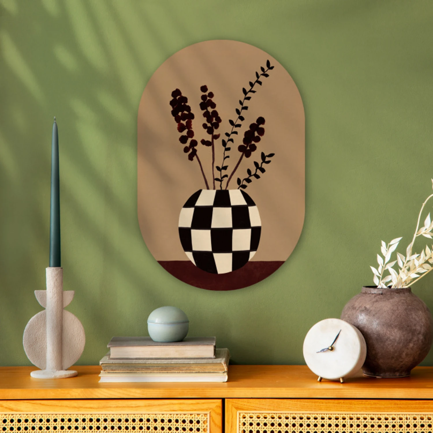Minimalistisch - Vaas - Bloemen - Bruin Wandcirkel Ovaal Forex klein -sfeer2