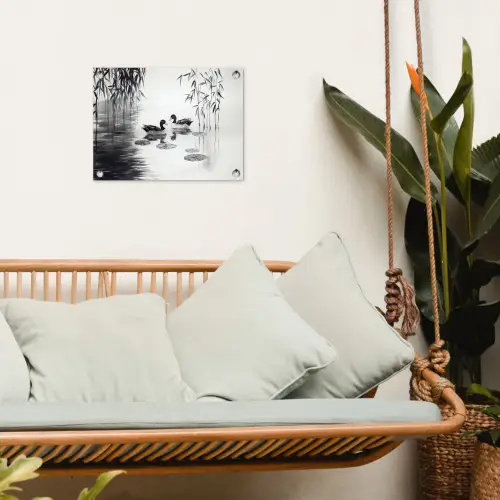 Eenden - Waterlelies - Riet - Zwart tuinposter los doek klein -sfeer7