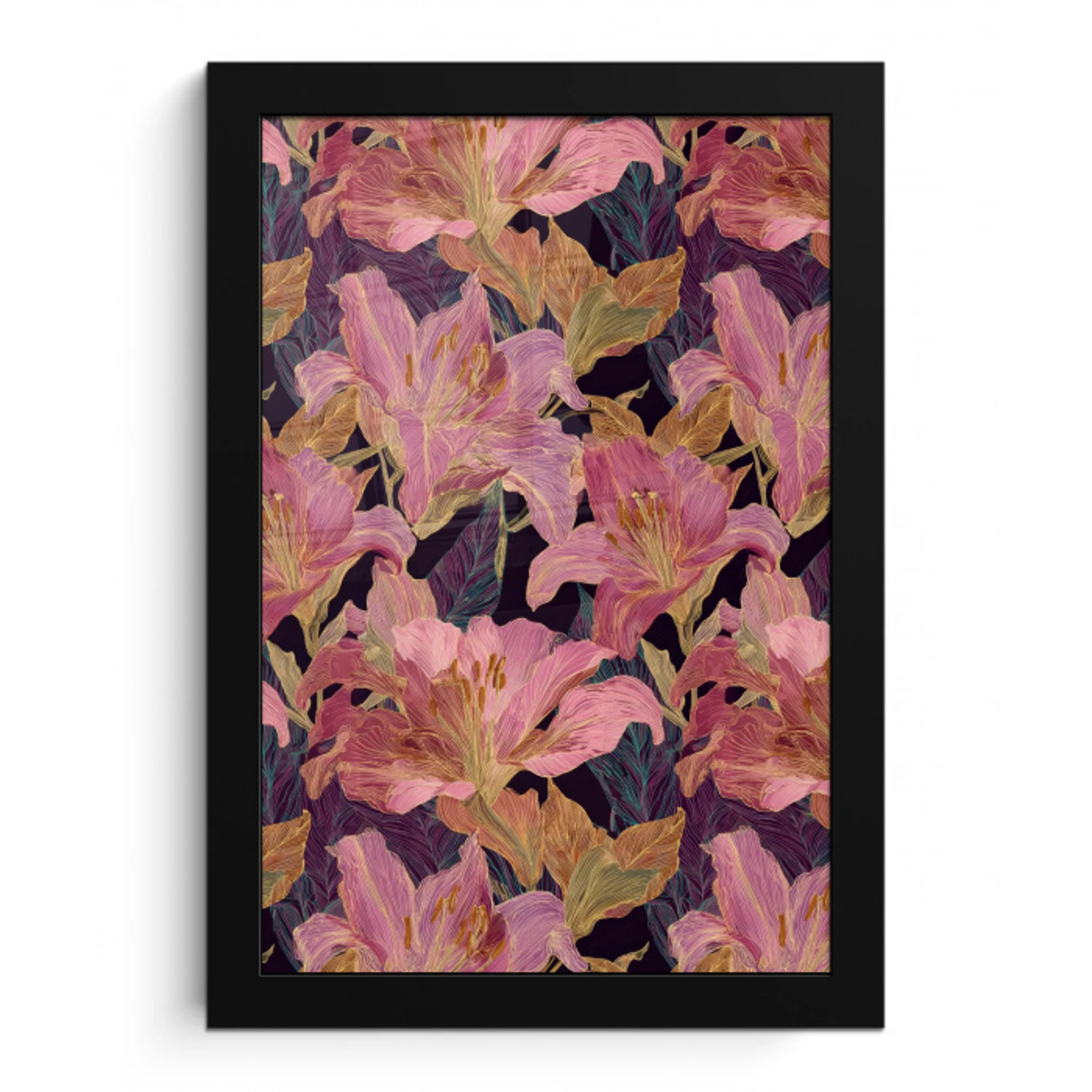 Lelies - Patroon - Roze - Goud fotolijst zwart zonder passe partout klein 224 -3d