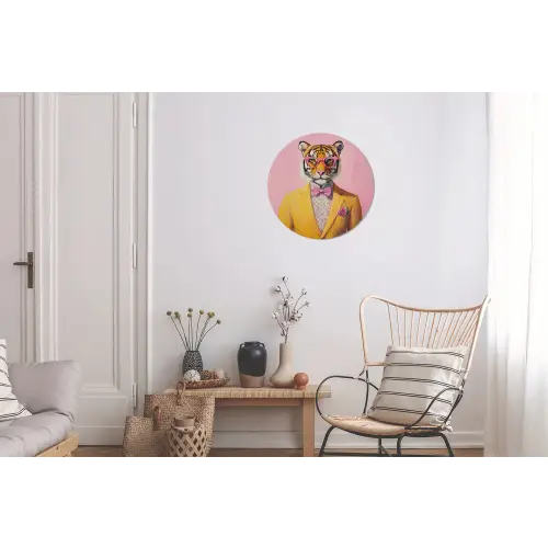 Tijger - Bril - Geel - Jasje Wandcirkel aluminium klein -woonkamer