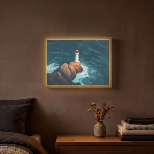 Vuurtoren - Rots - Zee - Golven Light Box met batterij (Wandlamp) middel -sfeer4