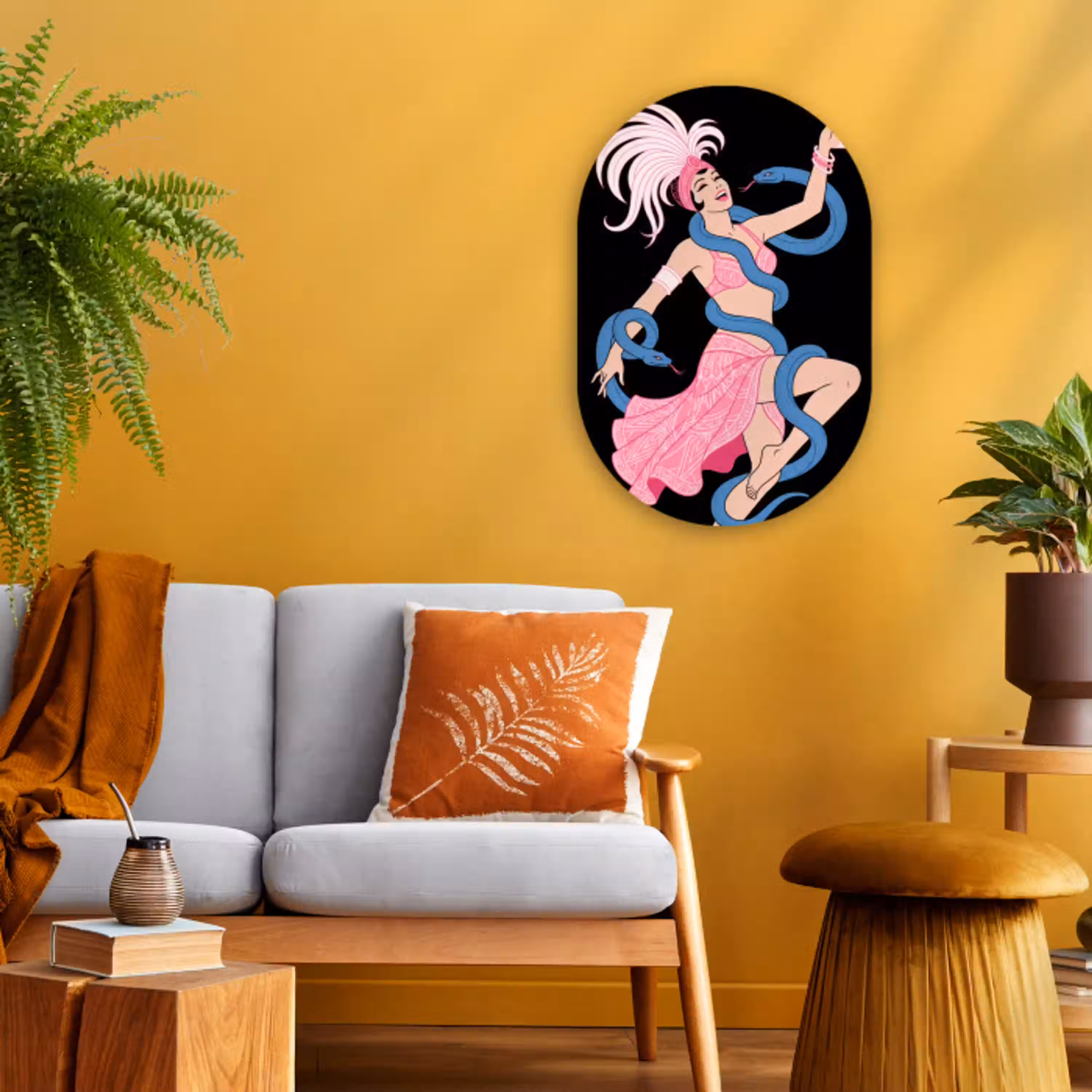 Vrouw - Danseres - Slangen - Art Deco - Roze Wandcirkel Ovaal Forex klein -sfeer4