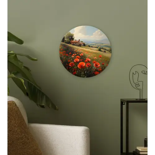 Klaprozen - Rood - Heuvels - Landschap Wandcirkel plexiglas klein -sfeer3
