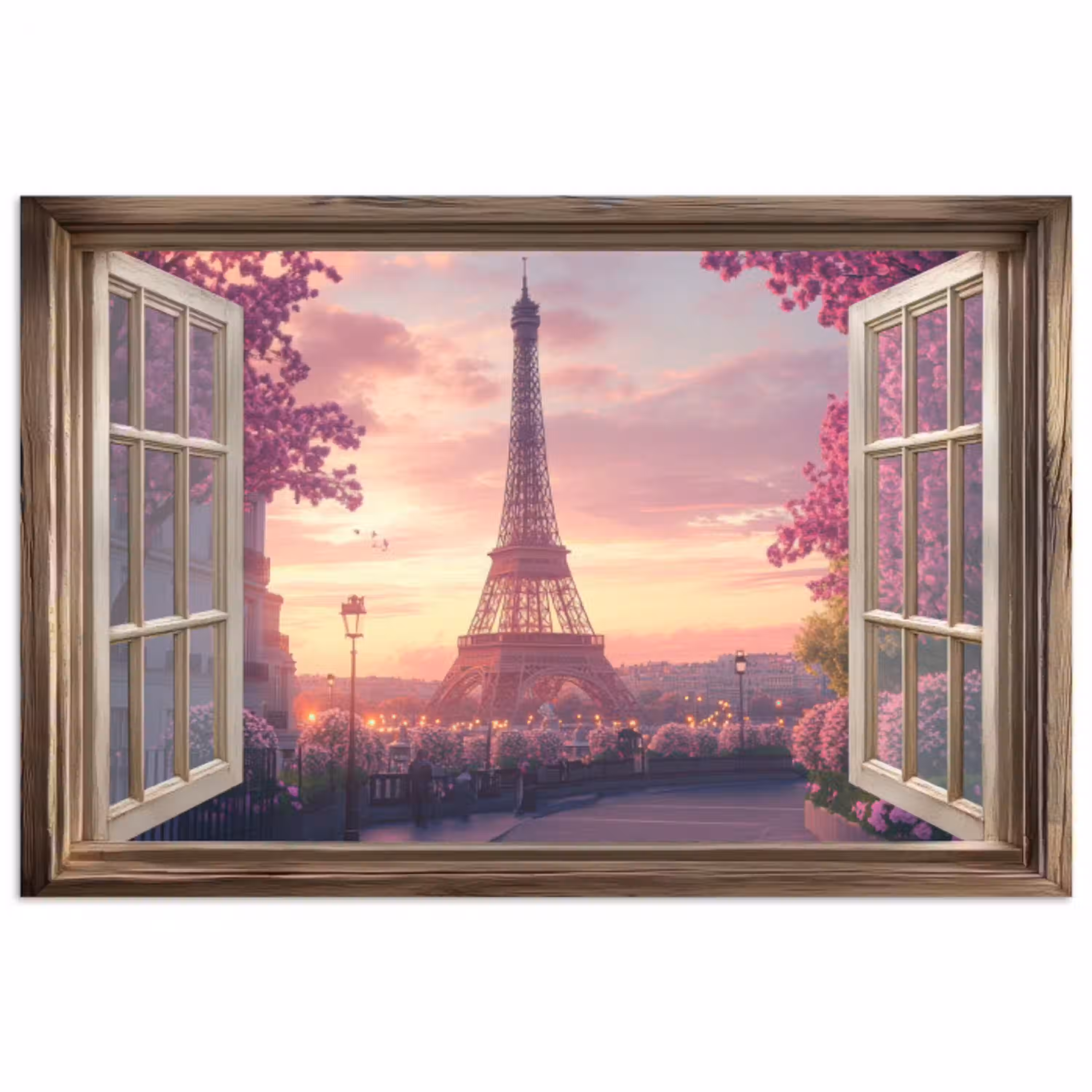 Doorkijk - Parijs - Eiffeltoren - Roze - Kersenbloesem poster papier klein -3d
