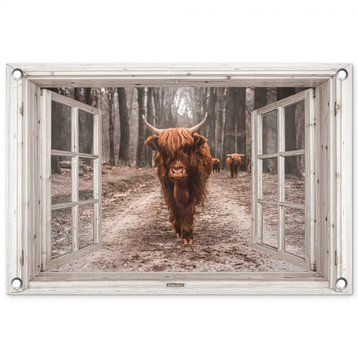 Hooglander door het Raam tuinposter los doek klein -3d