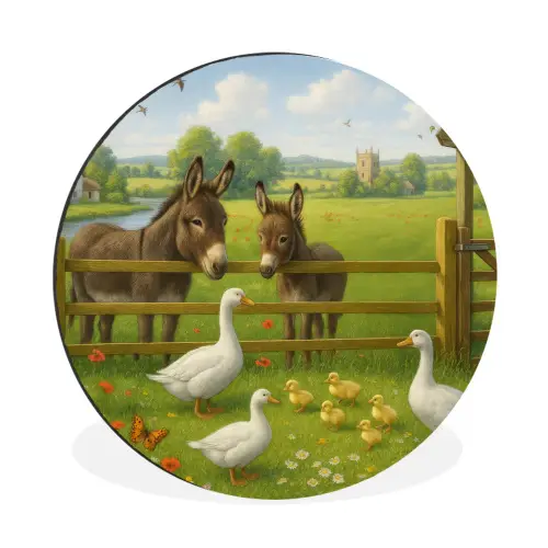 Ezels - Ganzen - Kleurrijk Wandcirkel aluminium klein -3d