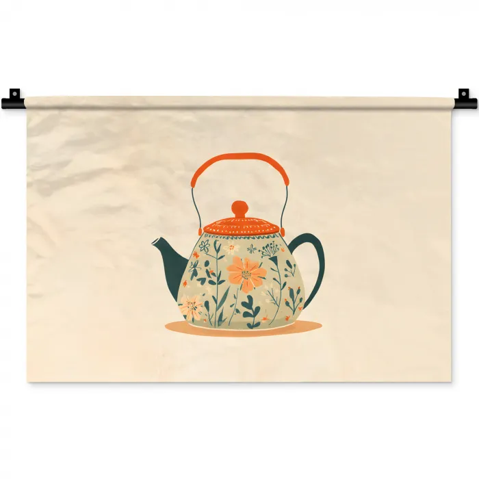 Oranje - Theepot - Bloemen - Bladeren Wandkleed katoen klein -zz3d