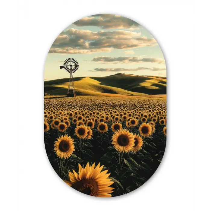 Zonnebloem - Veld - Windmolen Wandcirkel Ovaal Glas middel -3d