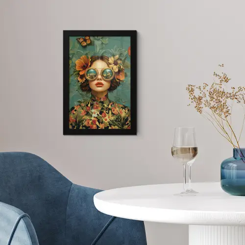 Vrouw - Bloemen - Vlinders - Natuur - Vintage fotolijst zwart zonder passe partout klein -sfeer4
