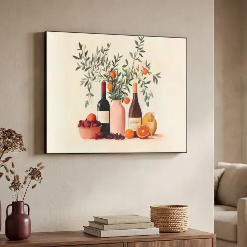 Wijnflessen - Takken - Sinaasappels Textielframe zwart klein -sfeer3