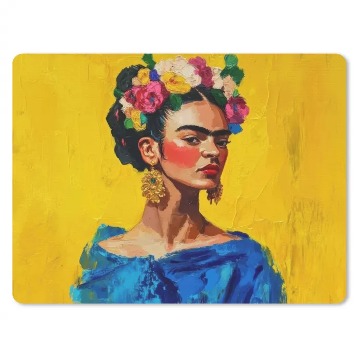 Frida Kahlo - Vrouw - Geel - Blauw - Bloemen muismat rubber klein -3d
