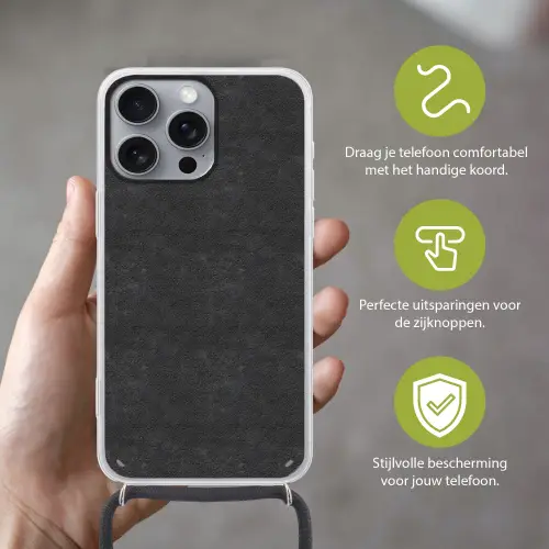 Donkergrijs - Asfaltstructuur - Ruw Hoesje iPhone 16 Pro Max met koord klein 804 -sfeer2_NL