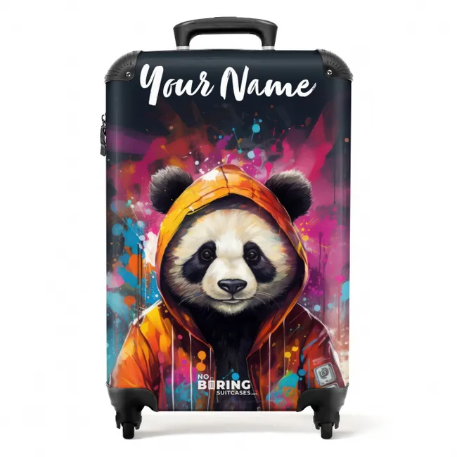 Suitcase with name – Panda with Orange Jacket and Paint Splatters