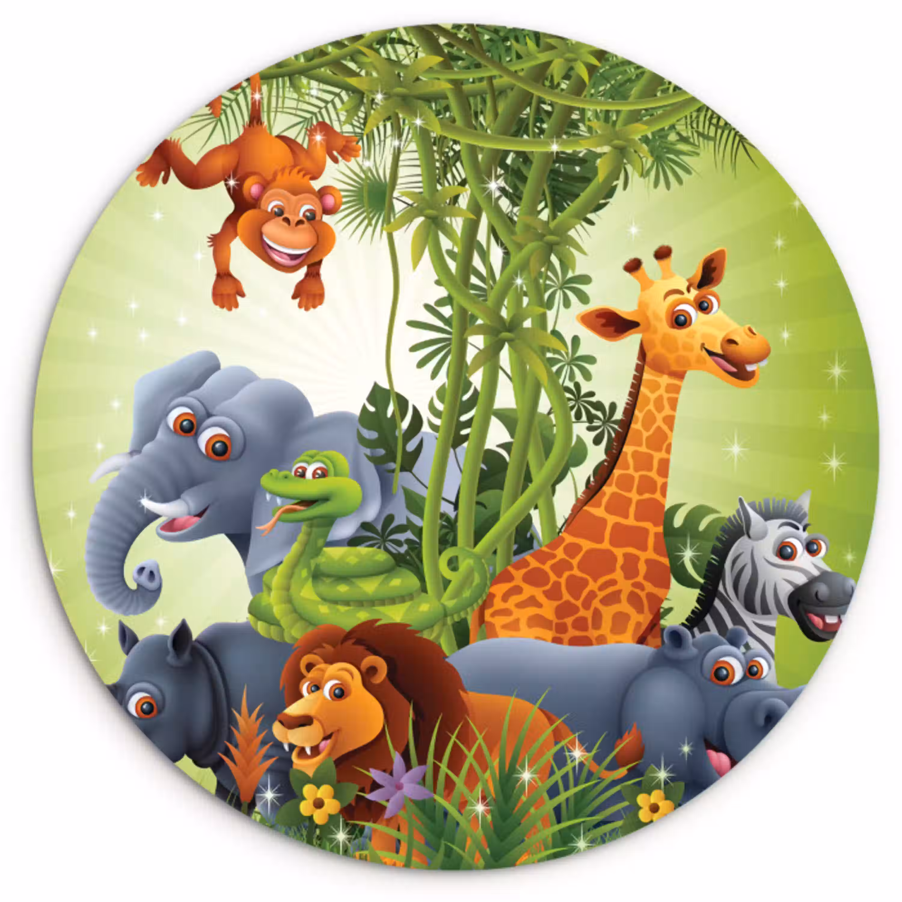 Jungle dieren - Planten - Kinderen - Olifant - Giraf - Leeuw Wandcirkel kunststof plaat 5mm dik klein -3d