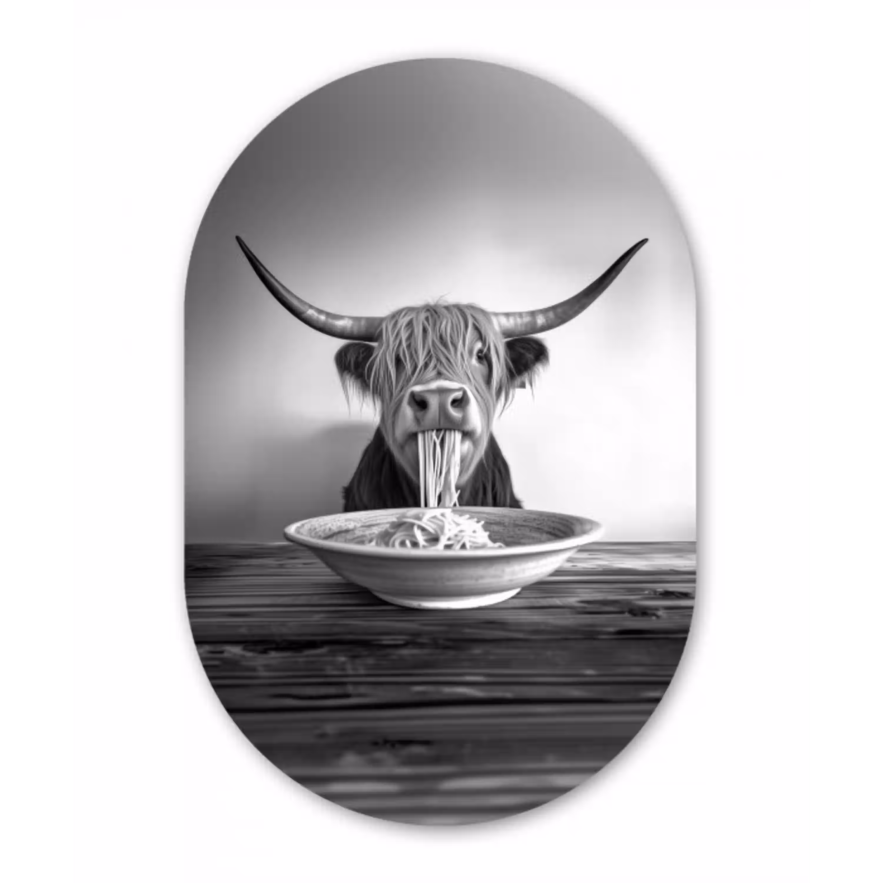 Schotse Hooglander - Spaghetti - Dieren - Zwart wit Wandcirkel Ovaal Aluminium middel -3d