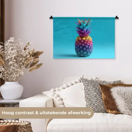 Ananas - Regenboog - Blauw - Popart Wandkleed katoen klein -sfeer1